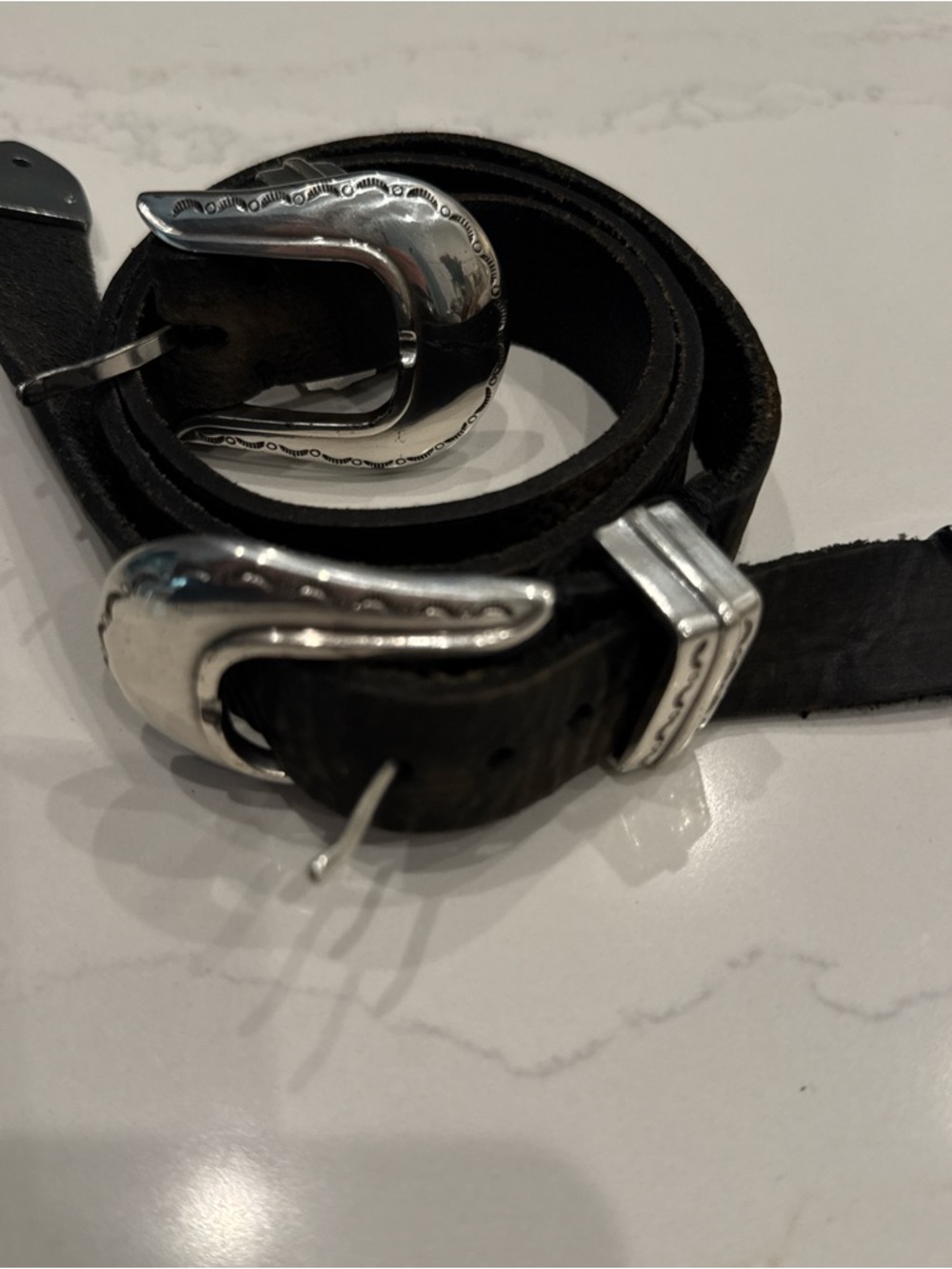 Women's Black Leather Belt with Silver Western Buckles